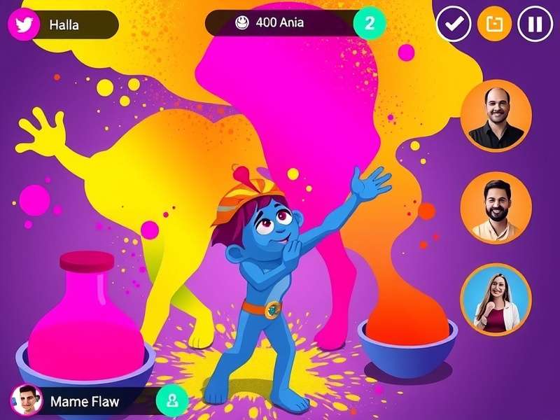 Colorific Holi Journey game screenshot showing colorful characters celebrating Holi